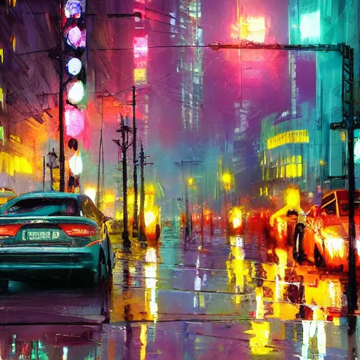 Image similar to acrylic painting, impressionism and expressionism, strong emotional impact, bold pastel colors, expressive brushstrokes, puddles, overall sense of movement in the composition. an art deco streetscape lined with beautiful flowers, by liam wong and tyler edlin, trending on artstation