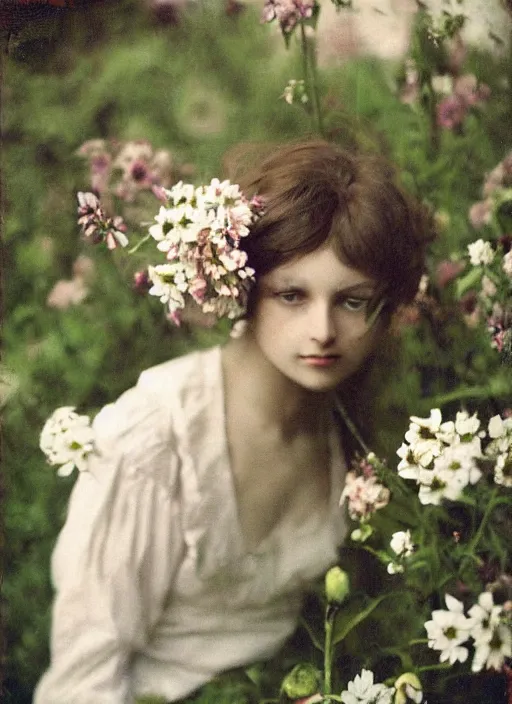 Prompt: portrait photograph of a very beautiful!!! modern female model. symetric face. in a garden. flowers. autochrome Louis Lumières. round detailed eyes!!!!. bokeh