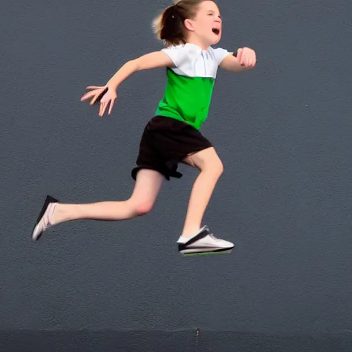 Prompt: a white boy with long brown hair in a pony tail, green eyes, jumping.