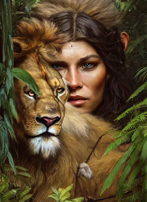 Image similar to perfectly - portrait of a wild huntress living in the jungle wearing a dead lions skin, intricate, highly detailed, digital painting, artstation, concept art, smooth, sharp focus, illustration, unreal engine 5, 8 k, art by artgerm and greg rutkowski and alphonse mucha