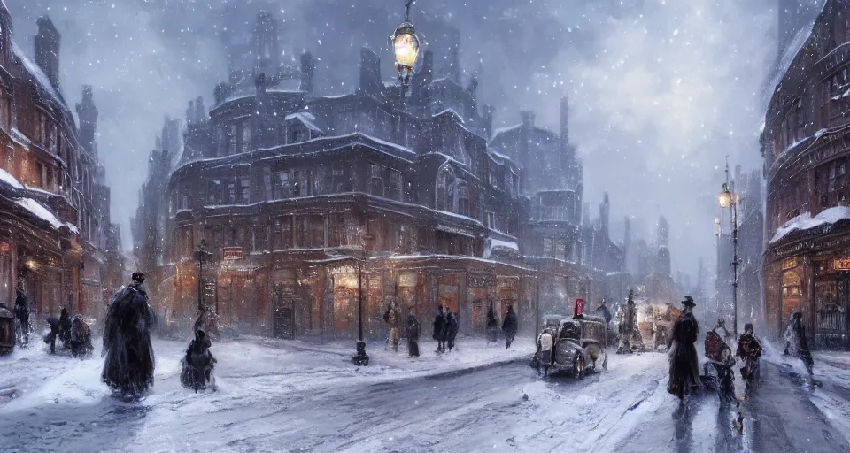 Image similar to snowy christmas victorian london, street scene, street level, whitechapel, hyperdetailed, artstation, cgsociety, 8 k