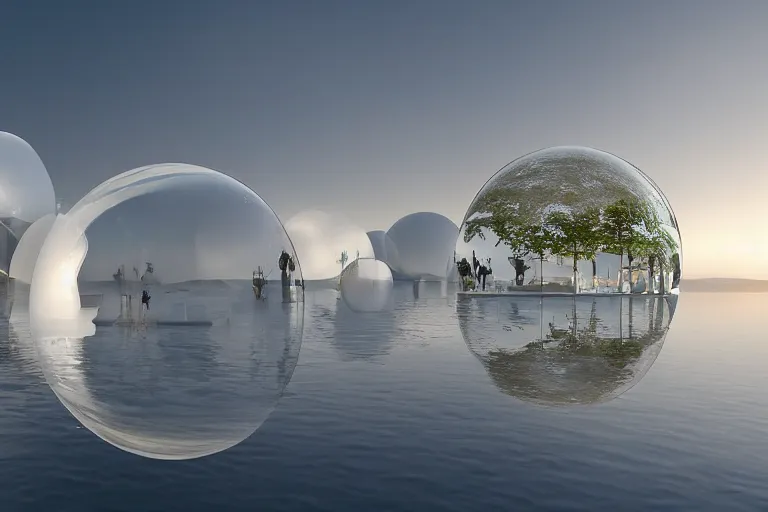 Prompt: many white egg shaped spherical spaces ， like a soap bubble, it depends on each other to form a modern science fiction building ， by pierre bernard, on the calm lake, people's perspective, future, interior wood, marble, award winning, highly detailed 4 k art, dusk, unreal engine highly rendered, global illumination, radial light, internal environment