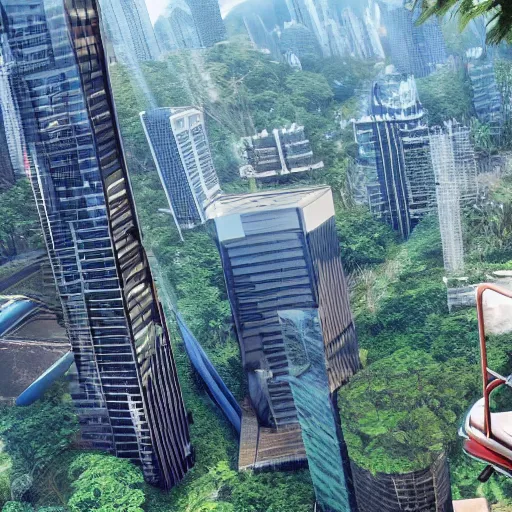 Prompt: extreme wide shot a flock of bird sitting on top of futuristic containment building in a rainforest valley with a city in the distance, national geographic, hyper realistic, 4 k, warm light, the will to endure, artstation