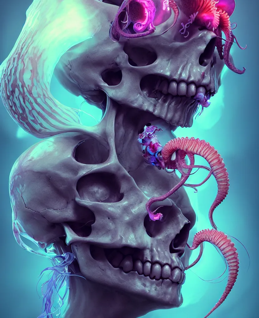 Image similar to goddess close - up portrait human skull, ram skull, squid phoenix jellyfish, orchid, betta fish, bioluminiscent, intricate artwork by tooth wu and wlop and beeple. octane render, trending on artstation, greg rutkowski very coherent symmetrical artwork. cinematic, hyper realism, high detail, octane render, 8 k