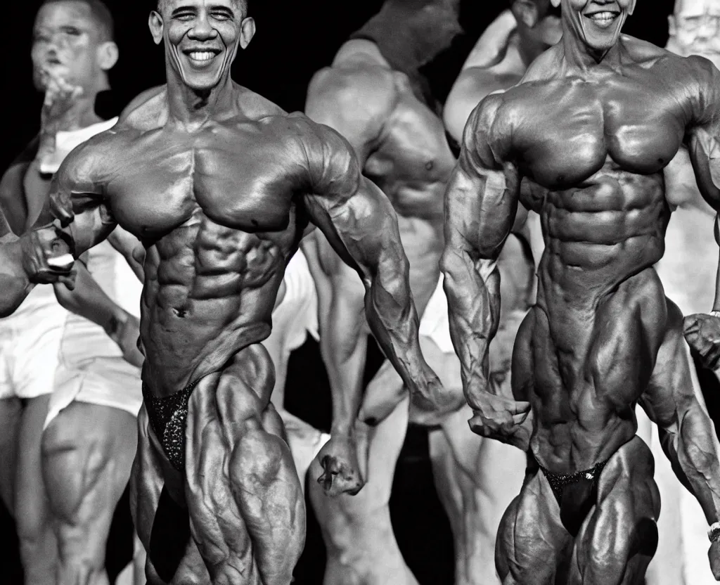 Image similar to Obama in bodybuilding contest, Ripped, Buffed Obama, GigaChad, Black and White, Noir