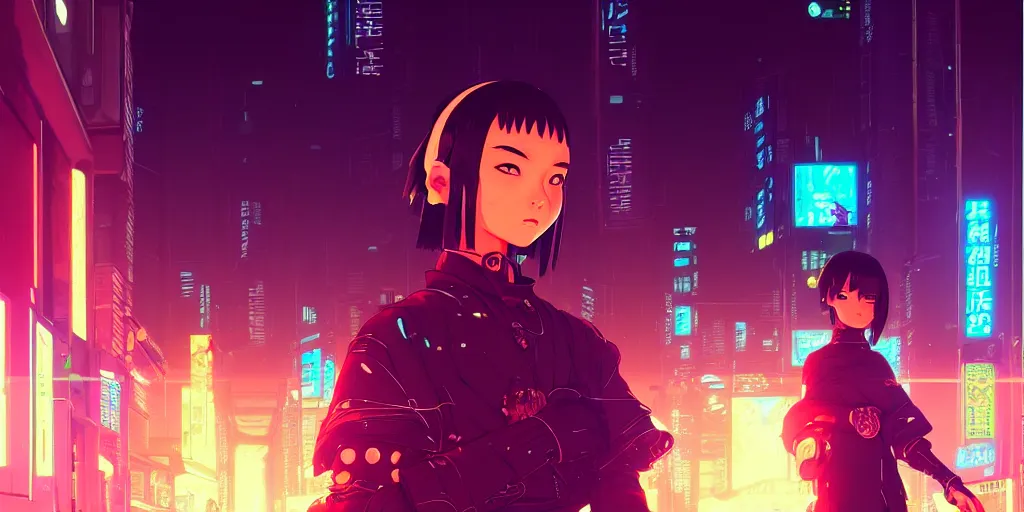 Image similar to digital illustration closeup portrait of cyberpunk samurai in city street at night by makoto shinkai, ilya kuvshinov, lois van baarle, rossdraws, basquiat | afrofuturism, in the style of hearthstone, trending on artstation | cool color scheme