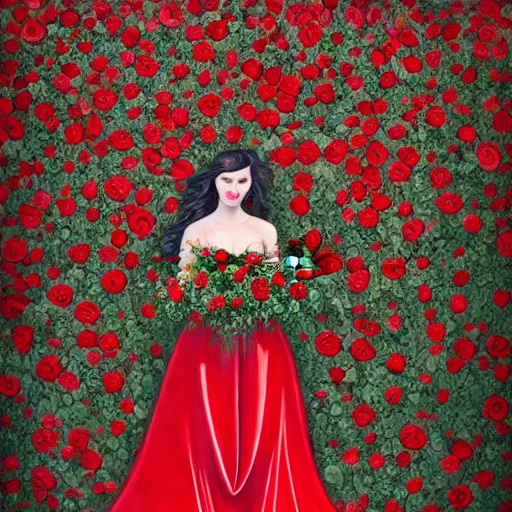 Image similar to full body image of a beautiful woman covered in ivy and red roses, ornate gown standing in a bed of roses, rim light, dynamic lighting, etherial lighting, ultra detail, concept art, elegant, surreal, illustration by lisa aisato