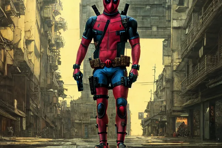 Prompt: Very highly detailed deadpool with very highly detailed mask on the street of a very highly detailed smooth scary village digital concept art by Greg Rutkowski, neofuturistic highly detailed, digital concept art, Dimensional cyan gold natural light, sharp focus, Golden Ratio illustration, realistic concept art by Stephen Hickman and James Gurney and Hiromasa Ogura Ghost in the Shell rendered in Octane Render, From the distance