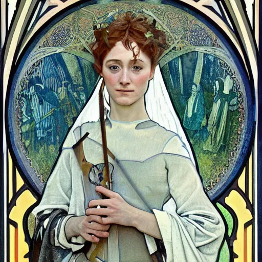 Image similar to realistic detailed face portrait of Saoirse Ronan as Joan of Arc by Alphonse Mucha, art nouveau