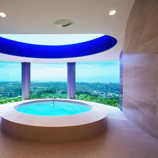 Prompt: curvilinear futuristic bathroom With swimming pool.