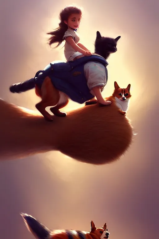 Image similar to tiny cat girl riding on the back of a giant corgi by greg rutkowski