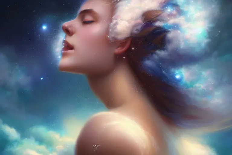 Image similar to a beautiful portrait of a female goddess surrounded by fluffy clouds with closed eyes, galaxy theme colors, galaxy theme colors, ultra realistic digital art by Greg Rutkowski and Raymond Swanland, Trending on Artstation, ultra realistic digital art, ultra realistic digital art