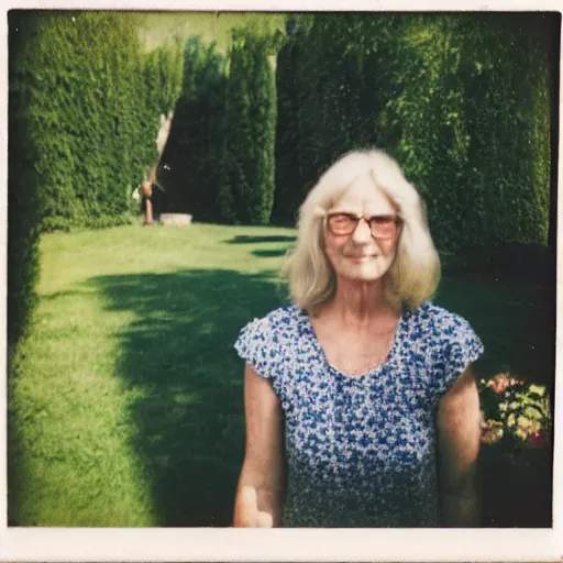 Prompt: woman and a blurry dark being standing in a french garden, bright summer day, washed out colors, polaroid