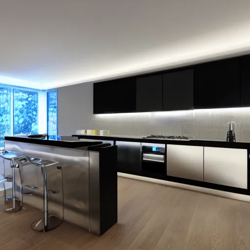 Prompt: modern kitchen with rgb led strip lighting, homes and gardens, wren kithens, super detailed render, award winning,