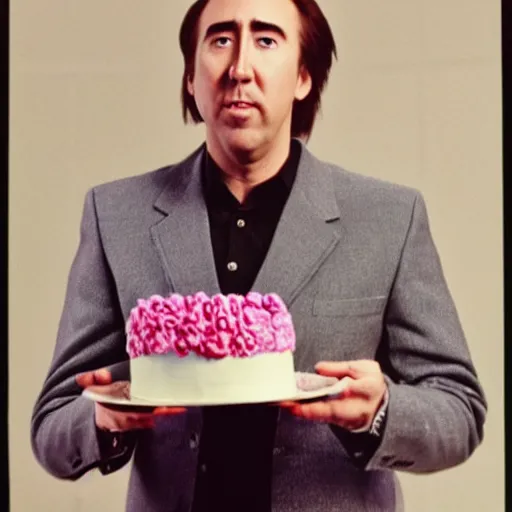 Image similar to nicholas cage holding a birthday cake in the style of 1 9 7 0 s bbc stop motion, oliver postgate