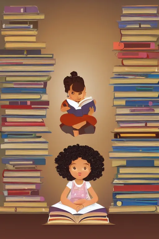 Image similar to a little girl with curly brown hair sits cross legged on top of a tall pile of books. she is reading. clean elegant pretty cartoon painting, beautiful detailed face, soft outlines, storybook illustration.