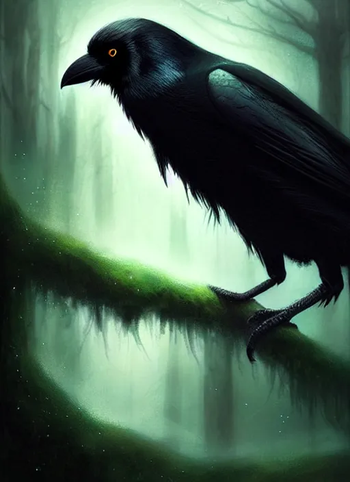 Image similar to side portrait dark crow (animal), close-up, fantasy forest landscape, moonshine, fantasy magic, nice black feather, proud, green dark light night, intricate, elegant, sharp focus, illustration, highly detailed, digital painting, concept art, matte, art by WLOP and Artgerm and Greg Rutkowski and Eddie Mendoza, masterpiece