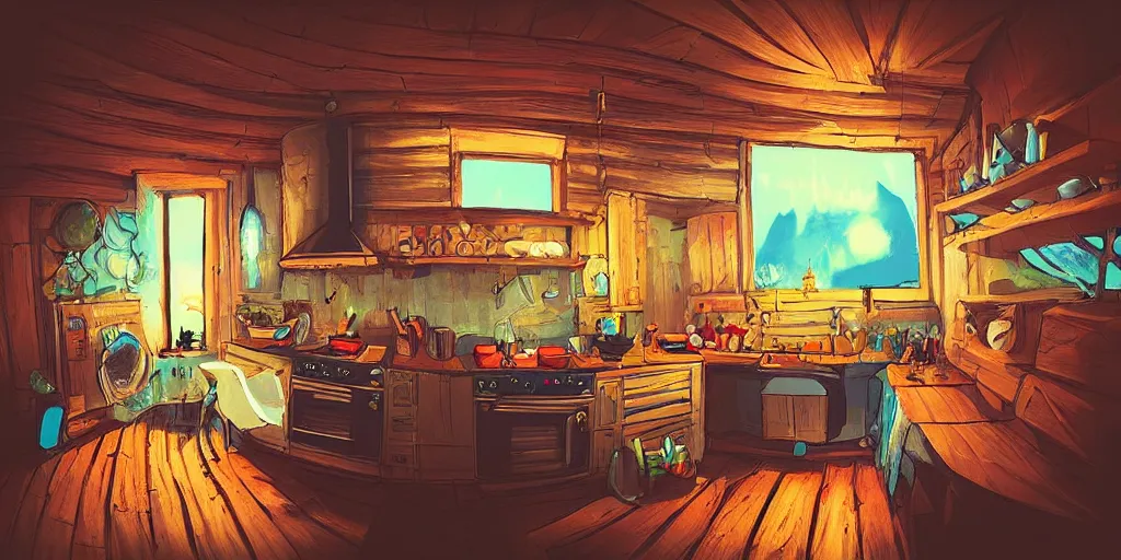 Prompt: epic illustration fisheye lens of a wooden kitchen dim lit by 1 candle in a scenic environment by Anton Fadeev