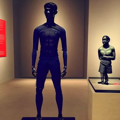 Image similar to “ a realistic detailed photo of a guy who is an attractive humanoid who is half robot and half humanoid, who is a male android, soccer player antoine griezmann, shiny skin, posing like a statue, blank stare, at the museum, on display ”