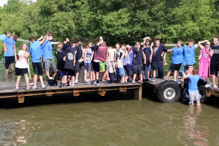 Prompt: Group of teenagers push rolls roys into lake