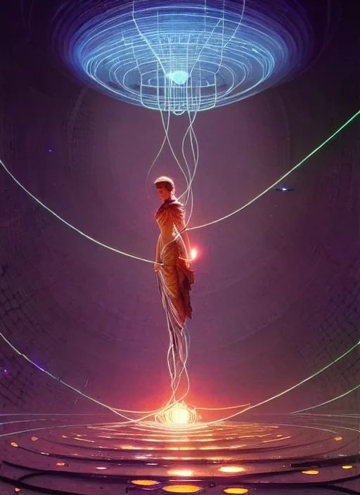 Prompt: high depth, collective civilization love, calm, healing, resting, life, hybrids, scifi, glowing lights!!, published concept art, mixed medias, image overlays, sharp focus, thin glowing wires, winning illustration, art by greg rutkowski and alphonse mucha, singularity!!!, 3 6 0 projection