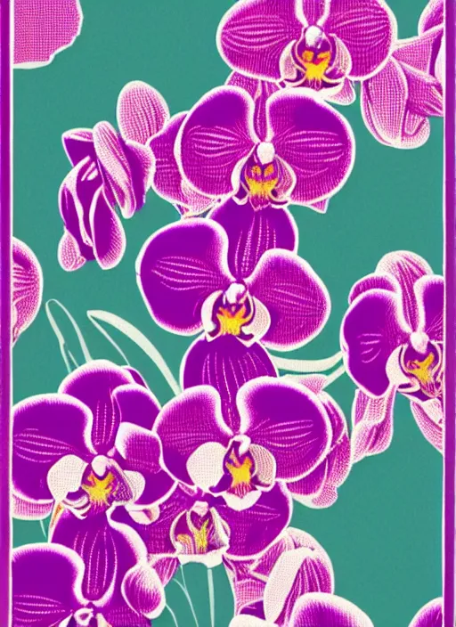 Prompt: a screen print of orchids, flat, graphic, gradients, vaporwave