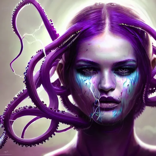 Image similar to detailed photo portrait of a furious teen girl with thin, hair-like purple tentacles on her head and bright purple eyes, 8k,by tristan eaton, Stanley Artgermm,Tom Bagshaw,Greg Rutkowski,Carne Griffiths,trending on DeviantArt, face enhance,hyper detailed ,full of colour, dramatic lightning