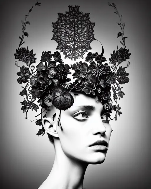 Image similar to masterpiece monochrome profile portrait painting, dutch masters, silver lace floral steampunk biomechanical beautiful one techno eye young female cyborg, big monocular, volumetric light, leaves foliage and stems, hibiscus flowers, alexander mcqueen, rim light, big gothic fashion pearl embroidered collar, 8 k