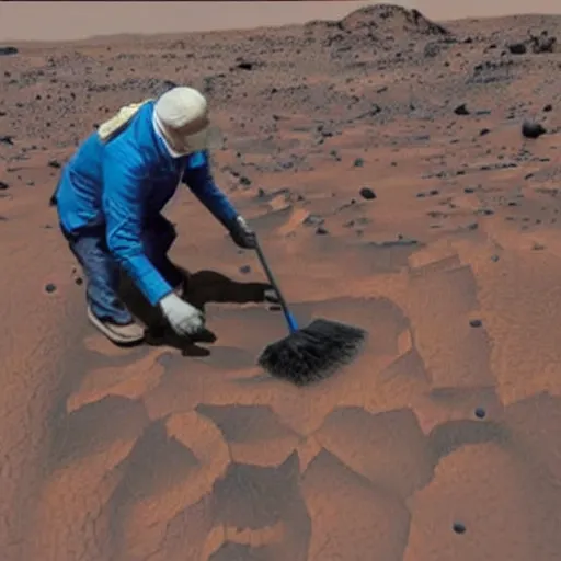 Image similar to mark rutte cleaning up spilled coffee on mars