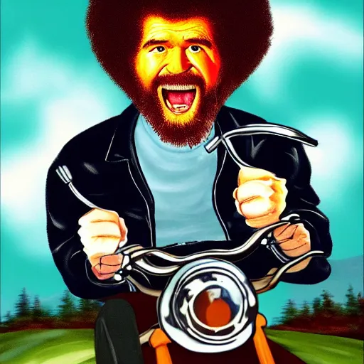 Image similar to bob ross screaming on motorcycle