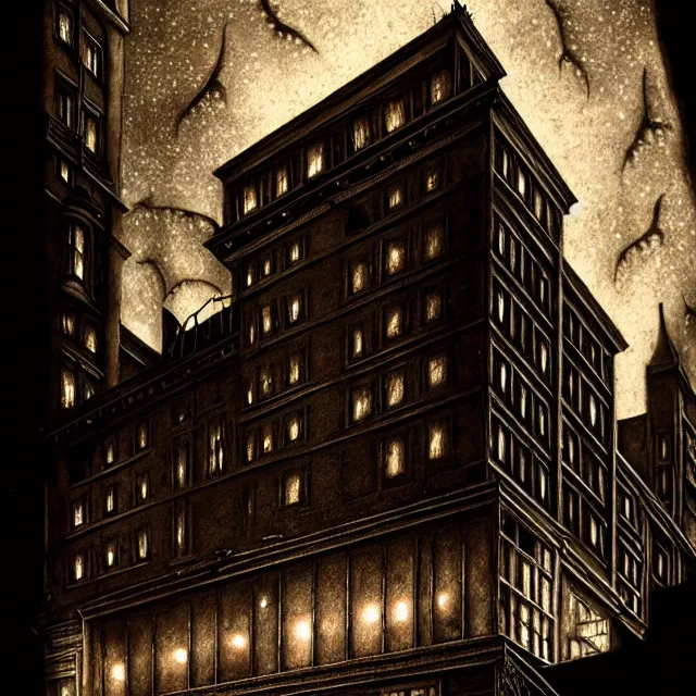 Prompt: haunted gothic hotel, 1 9 2 0 s boston overlooking a dark street, lovecraft, photorealistic, dark, atmospheric lighting, painted, intricate, ultra detailed by leesha hannigan, thierry doizon, kai carpenter, well composed, best on artstation, cgsociety, epic, stunning, gorgeous, intricate detail, wow, masterpiece