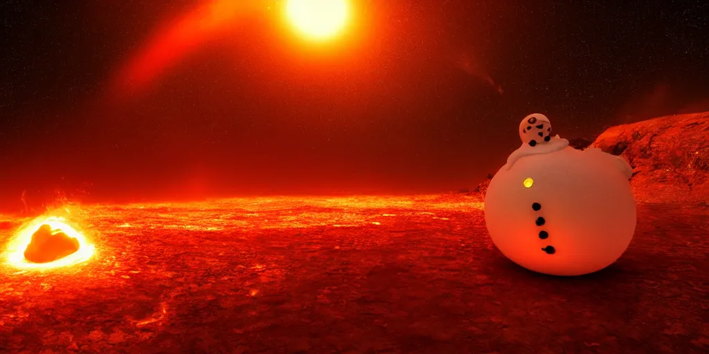 Image similar to a melted glowing snowman melting on top of the sun. the ground is made of fire and lava and is glowing orange. cinematic, dramatic, epic, volumetric lighting, atmospheric, red, orange extremely coherent, masterpiece, highly detailed, trending on artstation, 8 k, space, warm, solar flare, blade runner 2 0 4 9