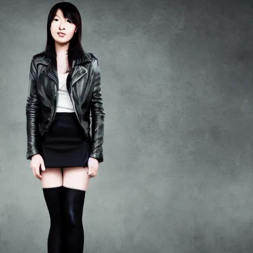 Image similar to a dynamic, epic cinematic 8K HD movie shot of a japanese young J-Pop idol girl wearing leather jacket, miniskirt, nylon tights and high heels boots. Motion, VFX, Inspirational arthouse