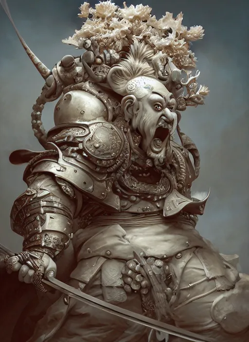 Image similar to subsurface scattering, white, koi, samurai deity with carved ivory armor, by jesper ejsing, james jean, justin gerard, tomasz alen kopera, cgsociety and fenghua zhong, highly detailed, rim light, cinematic lighting, illustration, art, octane render, very coherent, cinematic, hyper realism, high detail, 8 k