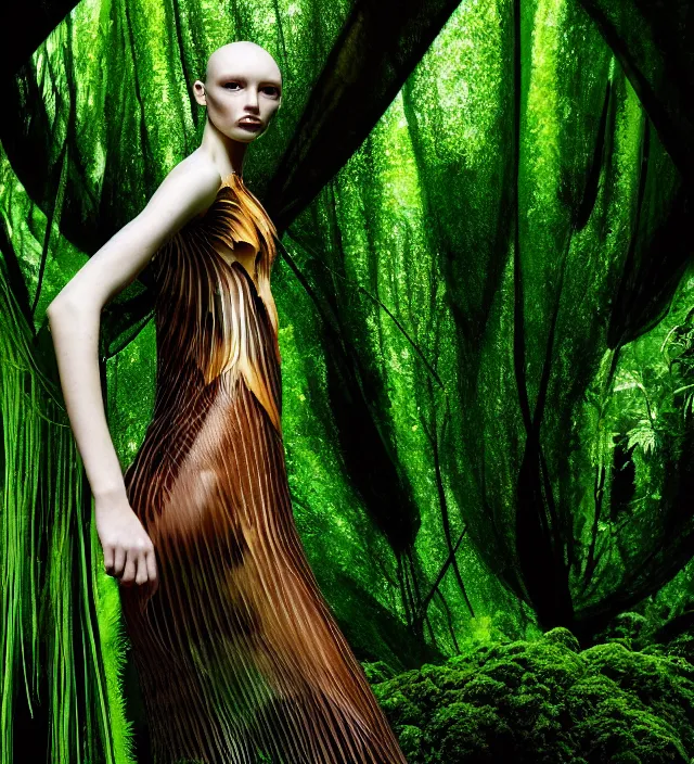 Image similar to photography portrait of one female fashion model in rainforest, wearing one organic futurist dress designed by iris van herpen,, photography by paolo roversi nick knight, helmut newton, avedon, and araki, sky forest background, natural pose, highly detailed, skin grain detail