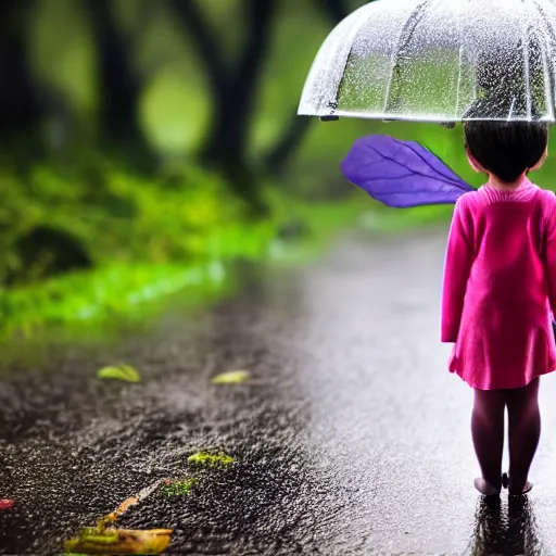 Prompt: a tiny human being along side fairy, using giant leaf as an umbrella, lots of rain 4k, in style of studio ghibli, anime