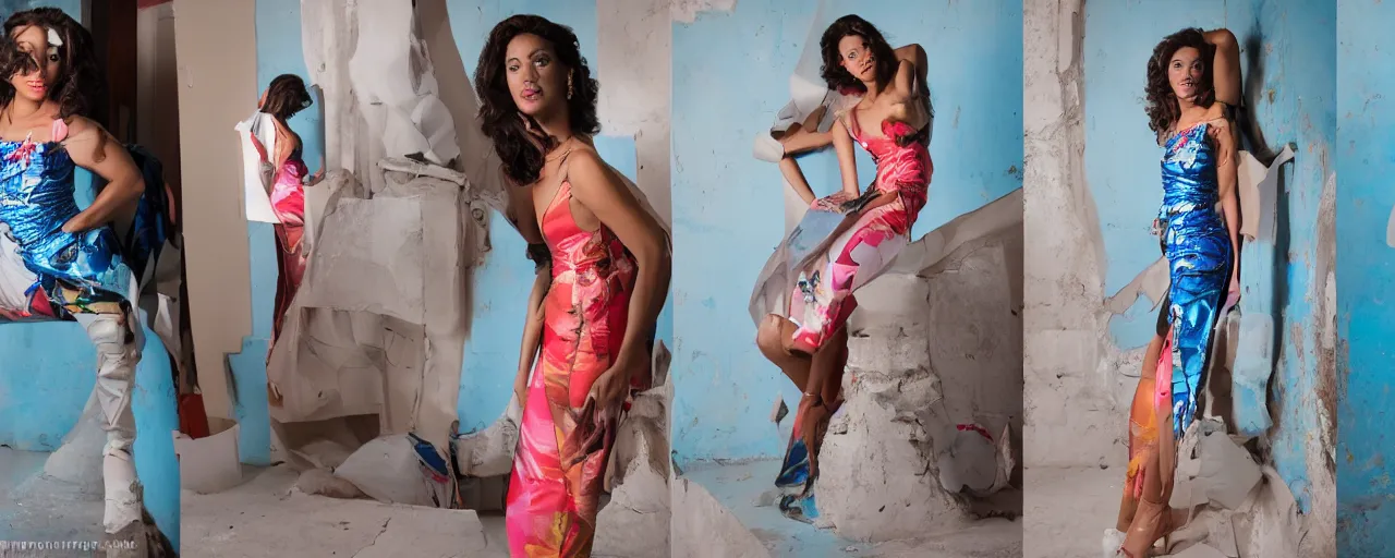 Image similar to photoshoot puerto rican fashion designer clothe in tetradic color scheme, vermeer lighting, imax 7 0 mm in 4 0 mm anamorphic lens