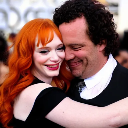 Prompt: christina hendricks hugging,