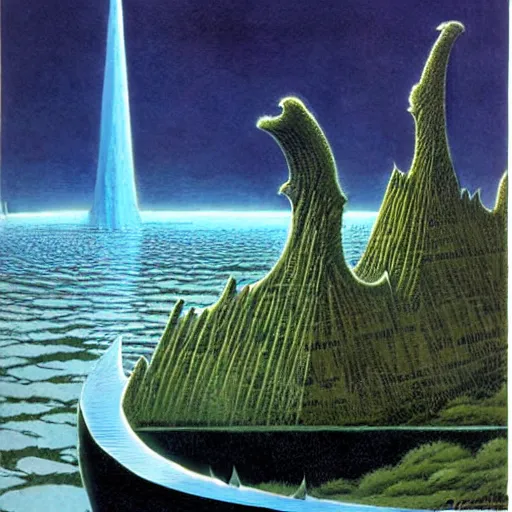 Prompt: 5 0 / 1 scale ominous shale and polished steel fortress half - submerged in the sipsey river, michael whelan, angus mcbride, ted nasmith, 3 2 k huhd