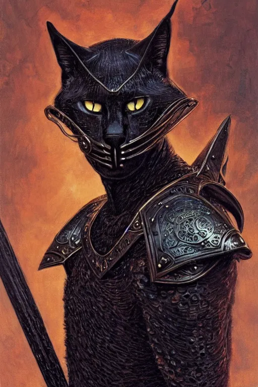 Image similar to head and shoulders portrait of an eldritch knight, tabaxi, black cat, anthropomorphic, male, breastplate, magical, high fantasy, d & d, by donato giancola, face details, extremely detailed, vogue fashion photo