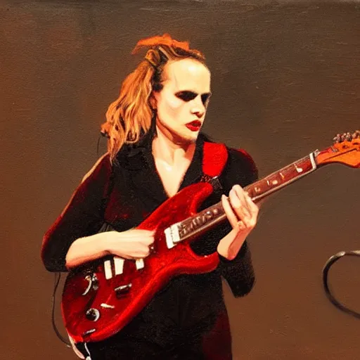 Image similar to Anna Calvi playing electric guitar, oil painting by Jason Shawn Alexander