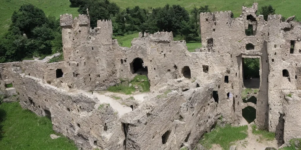 Prompt: archeological discovery of a perfectly well preserved castle underground that is still painted and structurally intact