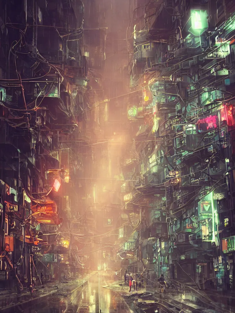 Image similar to futuristic dieselpunk street, cable stone ground. lots hanging cables, tiny wires on the ground. narrow, garbage on the ground. rain. fog, haze, evening. led screens. neon signs. golden hour. very sharp. cables on the ground. very messy. futuristic. photorealistic. artstation. anime. studio gimbli style. golden rate.