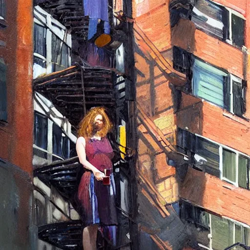 Image similar to “ a girl holding a cup of coffee sitting on a fire escape overlooking the east village in new york city, morning light, by daniel gerhartz ”