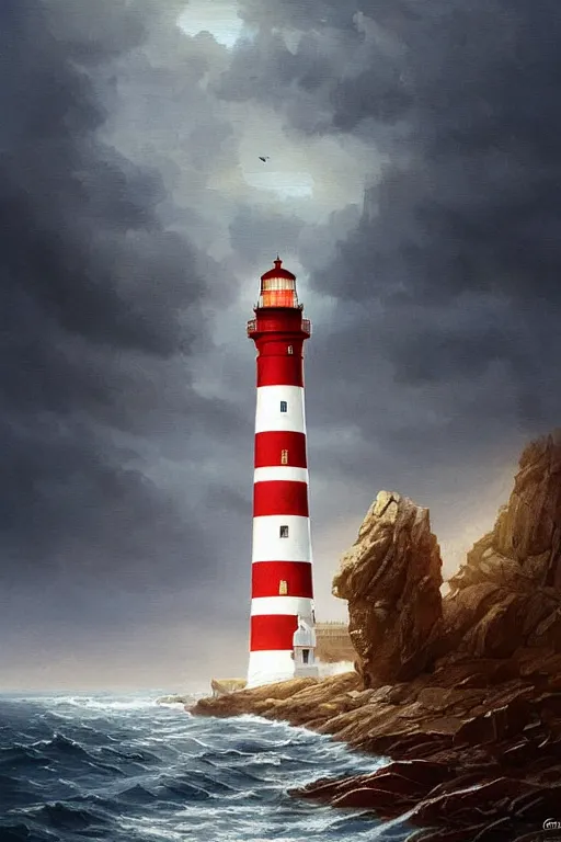 Image similar to imagine a ship in a bottle but instead of a ship a lighthouse is in the bottle, red and white lighthouse, fancy whiskey bottle, masterpiece painting by greg rutkowski
