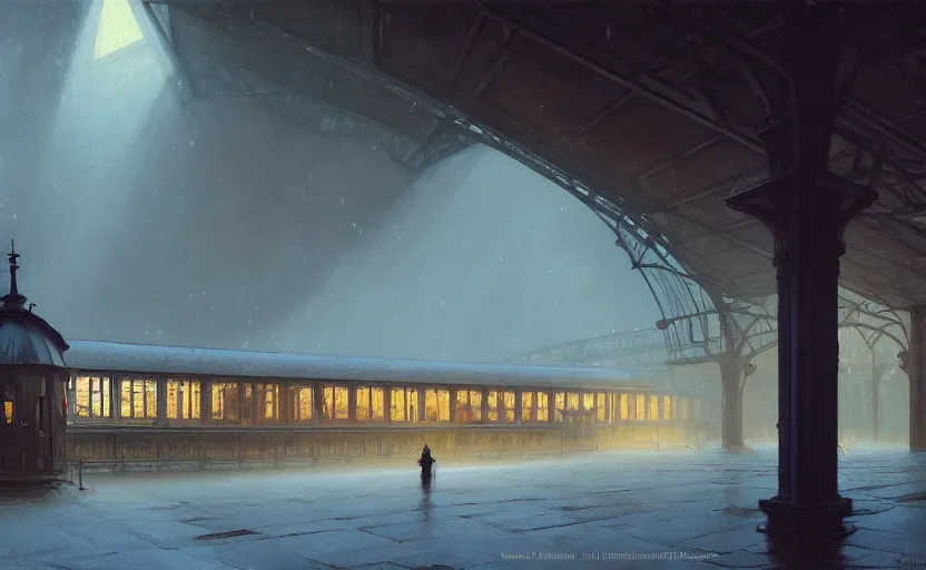 Prompt: painting of a wide angle exterior shot of a victorian utopian train station with cinematic lighting by peter zumthor and renzo piano, darek zabrocki and greg ruthkowski, alphonse mucha, simon stalenhag and cinematic and blue cold atmospheric, holy place, atmospheric, archillect concept art, artstation, trending on artstation