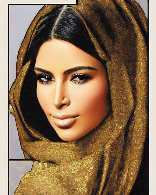 Image similar to a highly realistic, true to life portrait of kim kardashian as a beautiful young middle eastern girl, sharp focus, from the waist up, with sharp features, a beautiful face, soft smile, under studio lighting, taken with a canon eos camera with 1 3 5 mm focal length, art by artgerm and greg rutkowski and alphonse mucha