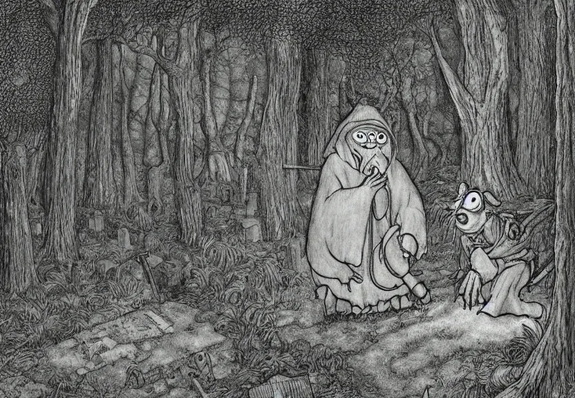 Image similar to big possum dressed like a monk at a scary medieval cemetery in the middle of the forest at night, highly detailed, digital art, by Maurice Sendak