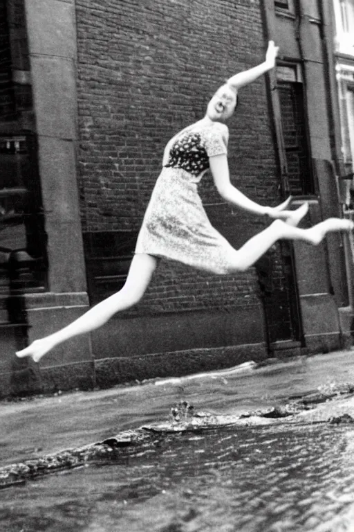 Prompt: A woman wearing a dress leaping over a large puddle in the street, the decisive moment, photographed by Henri Cartier-Bresson on a Leica camera