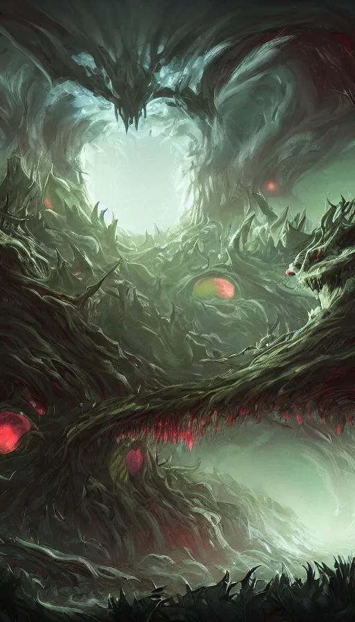 Prompt: a storm vortex made of many demonic eyes and teeth over a forest, by league of legends concept artists